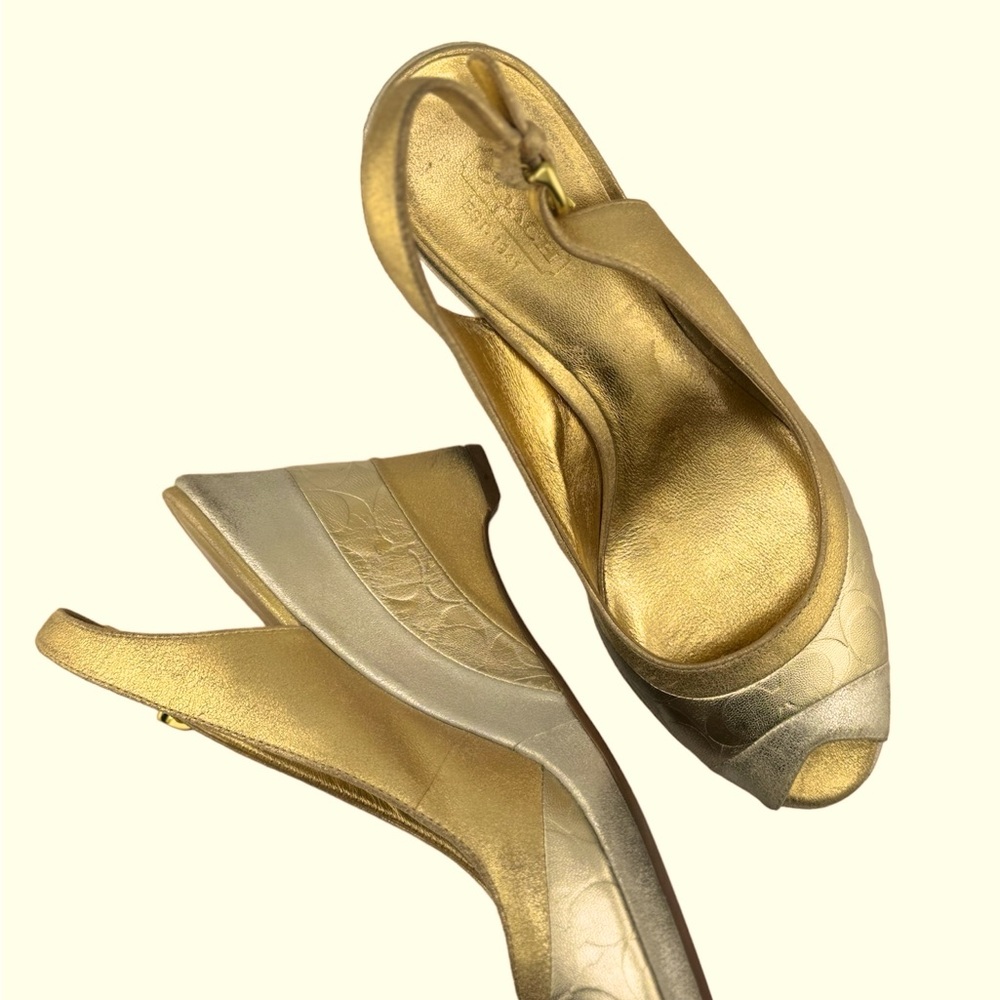 Coach Abrianne.  Gold/Metallic Ankle Strap Wedge Heels Size 7